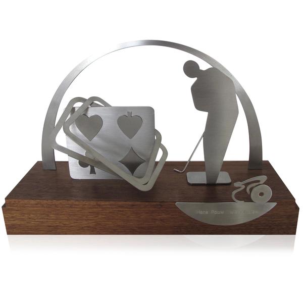 Golf - Bridge wissel prijs - Design golfspeler, bridge, wielrenner - edelstaal op hard houten voet 